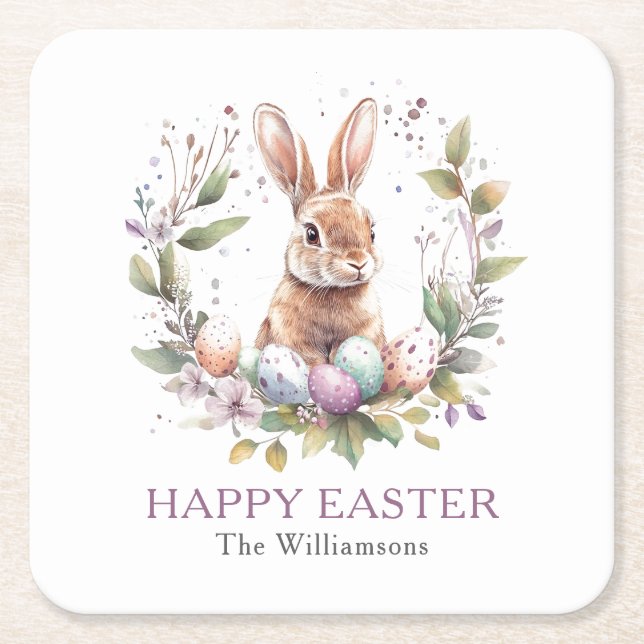 Spring Bunny Easter Egg Wreath Personalized Square Paper Coaster (Front)