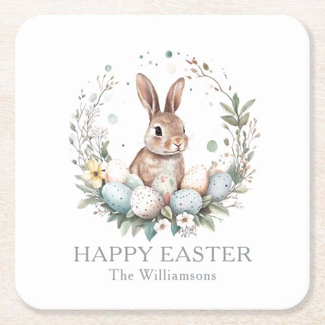 Spring Bunny Easter Eggs Garland Personalized Square Paper Coaster (Front)