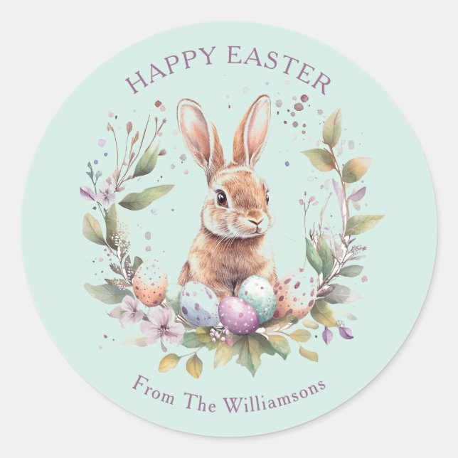 Spring Bunny Easter Eggs Wreath Personalized Classic Round Sticker (Front)