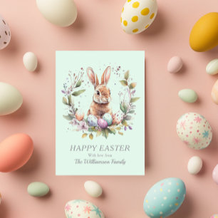 Spring Bunny Easter Eggs Wreath Personalized Holiday Card