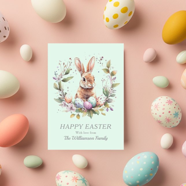 Spring Bunny Easter Eggs Wreath Personalized Holiday Card (Personalize with your message and family name, or add other text)