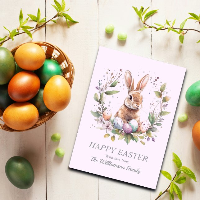Spring Bunny Easter Eggs Wreath Personalized Holiday Card (Personalize with your Family Name and Greeting, change text as required.)