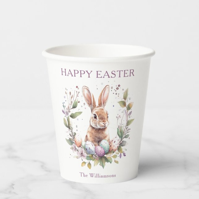 Spring Bunny Easter Eggs Wreath Personalized Paper Cups (Front)