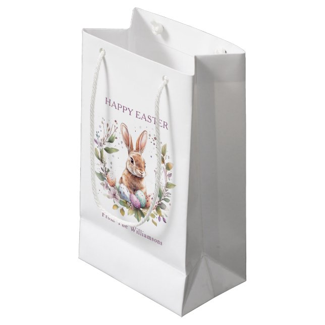 Spring Bunny Easter Eggs Wreath Personalized Small Gift Bag (Front Angled)