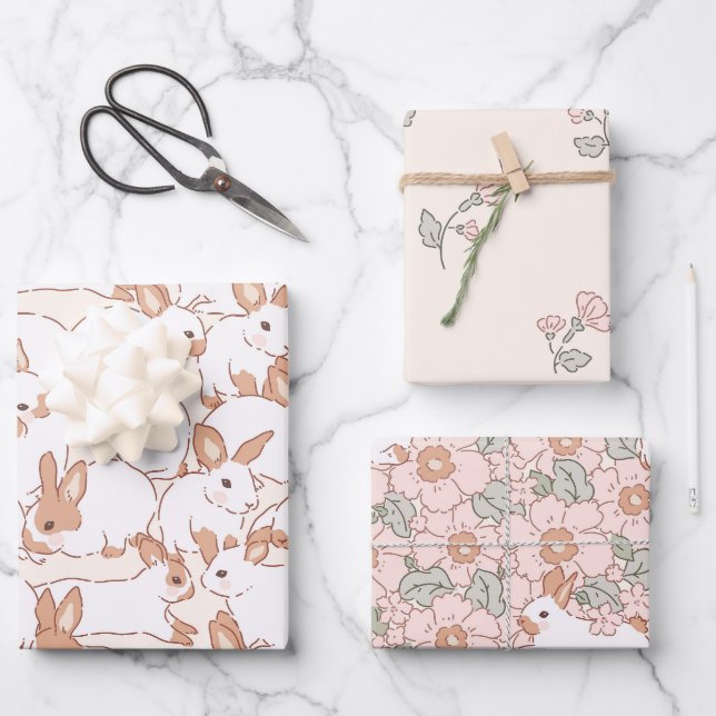 Spring Bunny Floral Easter Theme Wrapping Paper Sheet (Front)