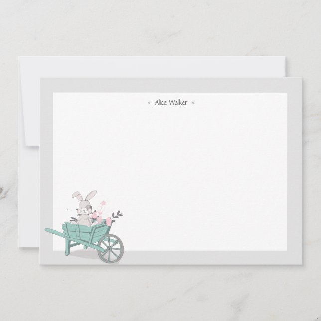Spring Bunny Floral Monogram Stationery Card (Front)