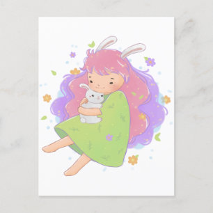 Spring Bunny Girl Illustration Postcard