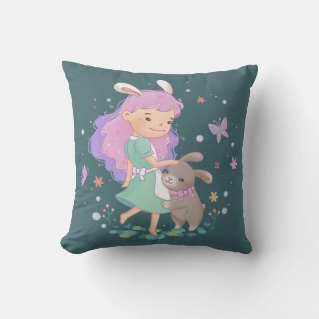 Spring Bunny Girl Illustration Throw Pillow (Front)