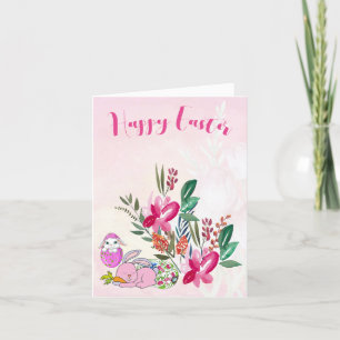 Spring Bunny Happy Easter Watercolor Floral Green Holiday Card