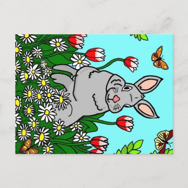 Spring Bunny in a Garden of Flowers Postcard (Front)