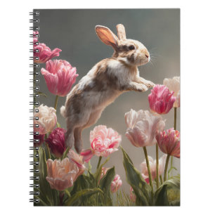 Spring Bunny Leaping Pink Tulip Art Notebook