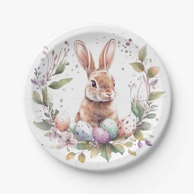 Spring Bunny Pastel Easter Egg Wreath Paper Plate (Front)