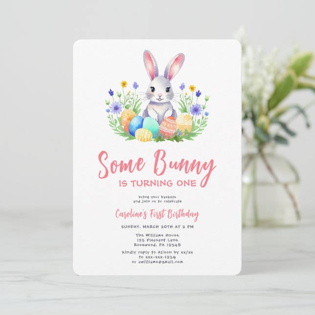Spring Bunny Rabbit Easter First Birthday Invitation (Standing Front)