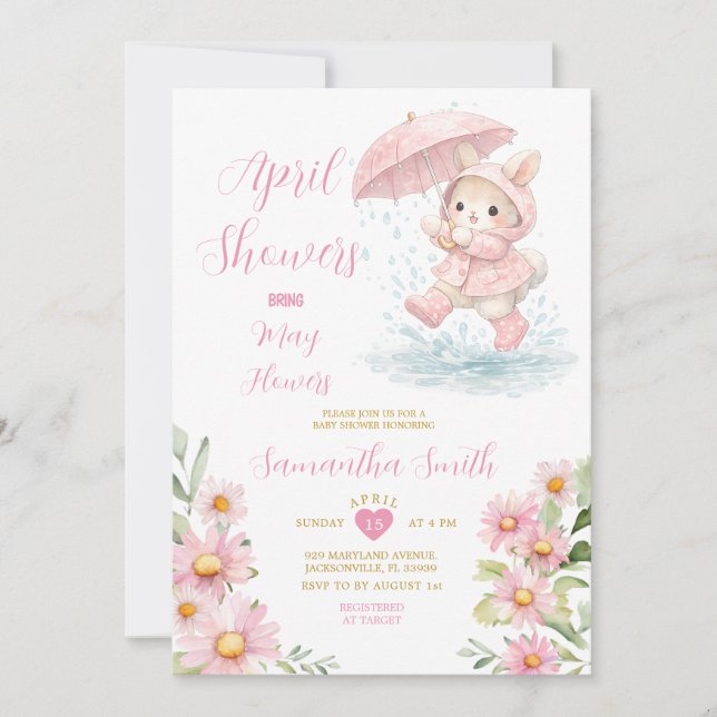Spring Bunny Rain Boots Pink Floral April Showers  Invitation (Front)
