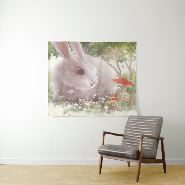 Spring Bunny: Realistic Rabbit in Flower Garden Ar Tapestry (In Situ (Horizontal))