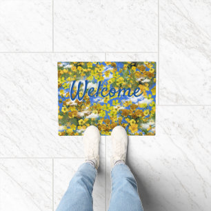 Spring Butercup flowers in the clouds Doormat