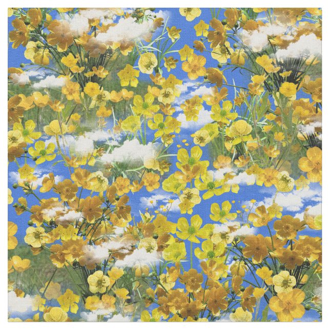 Spring Butercup flowers in the clouds Fabric (Close Up)