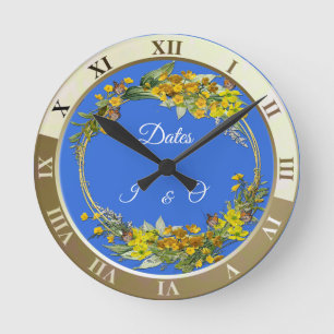 Spring Butercup flowers in the clouds Round Clock