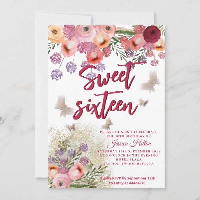 Spring Butterfly floral garden sweet sixteen  Invitation (Front)