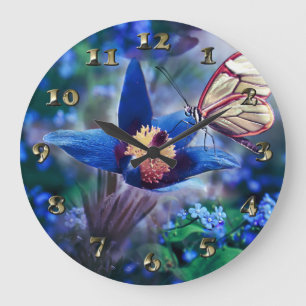 Spring Butterfly on Blue Flower Large Clock