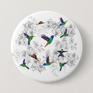 Spring Button - Colourful Birds Flying in Orchids