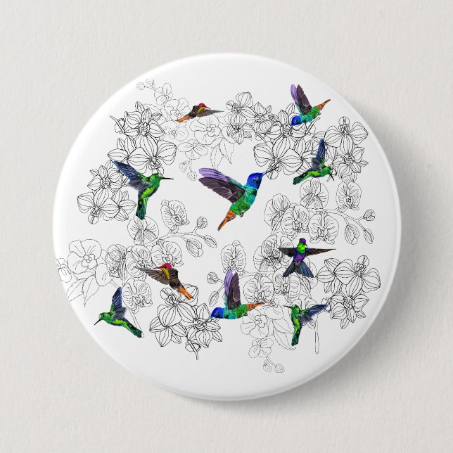 Spring Button - Colourful Birds Flying in Orchids (Front)