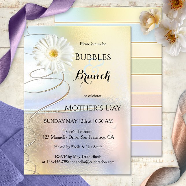 Spring Celebration Bubbles and Brunch Invitation (Elegant Bubbles & Brunch invitation featuring festive swirls and a daisy flower)