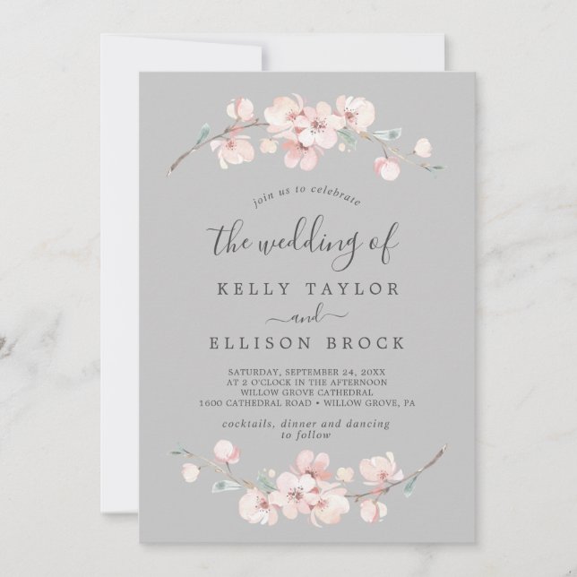 Spring Cherry Blossom | Grey The Wedding Of Invitation (Front)