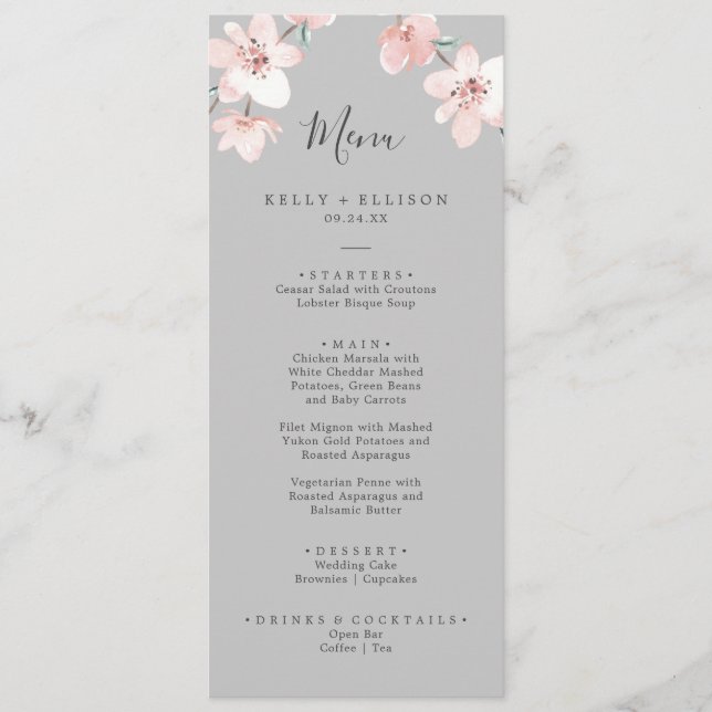 Spring Cherry Blossom | Grey Wedding Dinner Menu (Front)