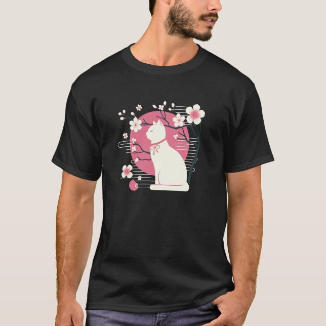 Spring Cherry Blossoms, Sakura with Cute Cat T-Shirt (Front)