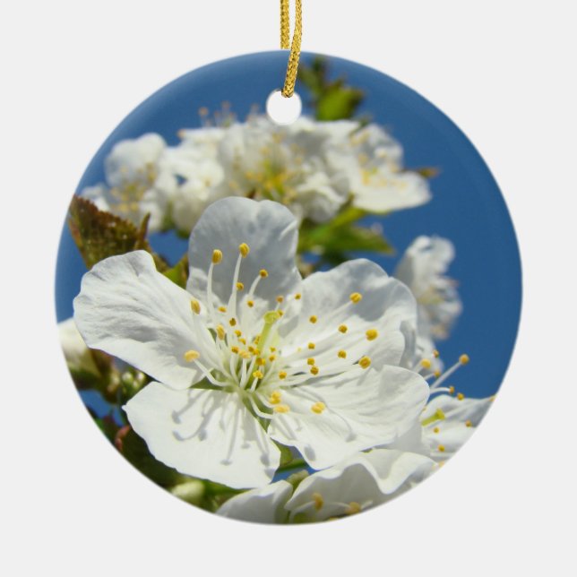 Spring Cherry Blossoms White Blue Sky custom Ceramic Ornament (Front)