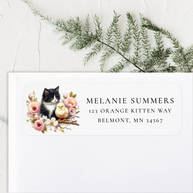 Spring Chick Kitten Flowers Return Address Label (Creator Uploaded)