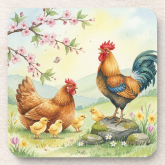 Spring chicken rooster farm country coasters