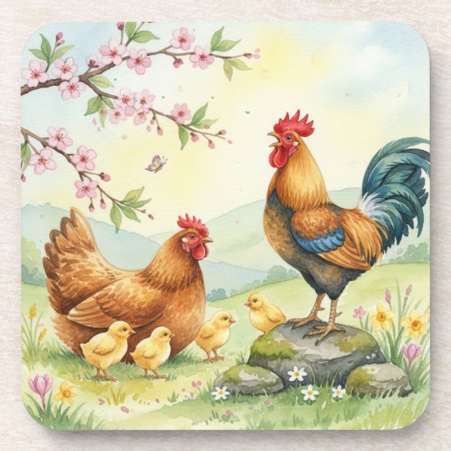 Spring chicken rooster farm country coasters (Front)