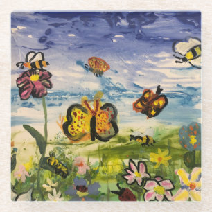 Spring colorful butterflies wildflowers  glass coaster