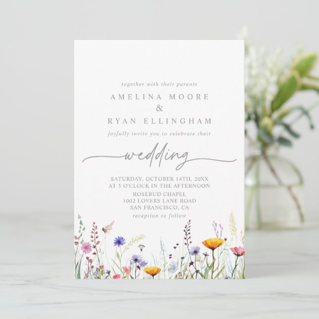Spring Colorful Wildflower Front & Back Wedding Invitation (Standing Front)