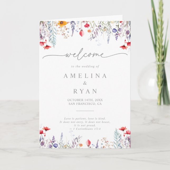 Spring Colorful Wildflower Minimal Folded Wedding Program (Front)