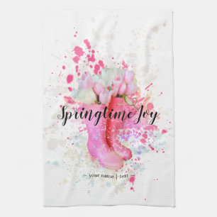 Spring Colour Splash Watercolor Pink Boots & Kitchen Towel