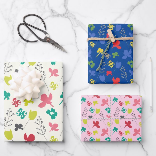 Spring Colourful Floral Doodle Foliage Satin Ribbo Wrapping Paper Sheet (Front)