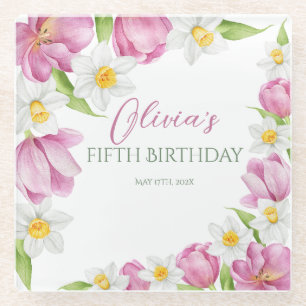 Spring Colourful Flower Kids Birthday Glass Coaster