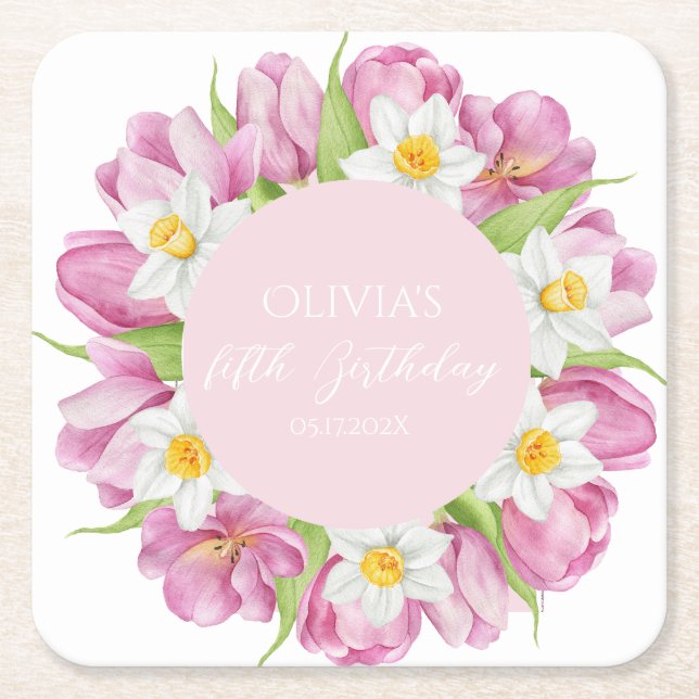 Spring Colourful Flower Kids Birthday Square Paper Coaster (Front)