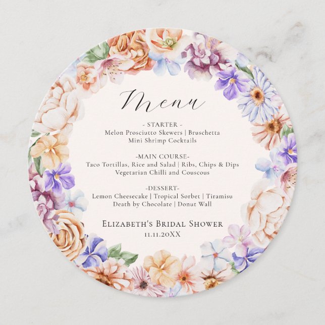 Spring Colourful Flowers Romantic Bridal Shower Me Menu (Front)