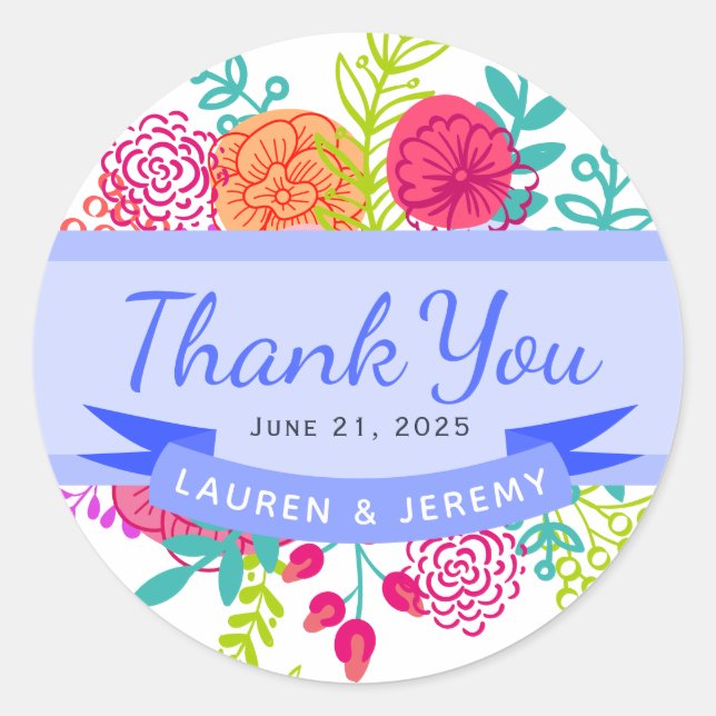 Spring Colourful Vibrant Floral Sketch Bouquet Classic Round Sticker (Front)