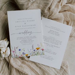 Spring Colourful Wildflower Front & Back Wedding Invitation
