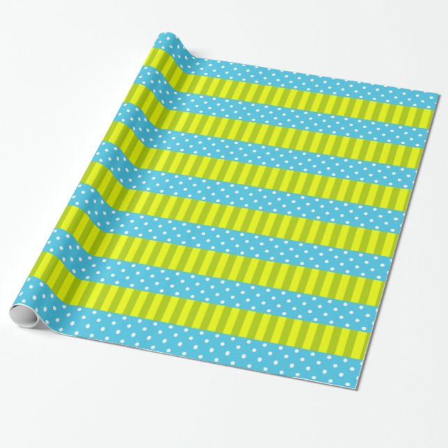 Spring Colours Blue and Green Stripes Polka Dots Wrapping Paper (Unrolled)