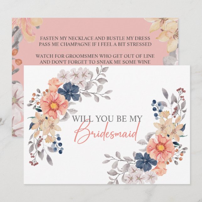 Spring Coral Navy Floral Will You Be My Bridesmaid Invitation (Front/Back)
