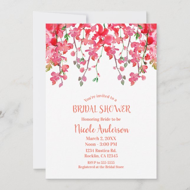 Spring Coral Orchid Branches Floral Bridal Shower Invitation (Front)