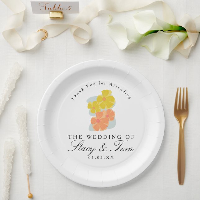 Spring Cosmos Floral Hand Drawn Wedding    Paper Plate (Wedding)