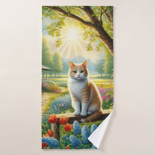 Spring cottage/garden & cat bath towel (Bath Towel)