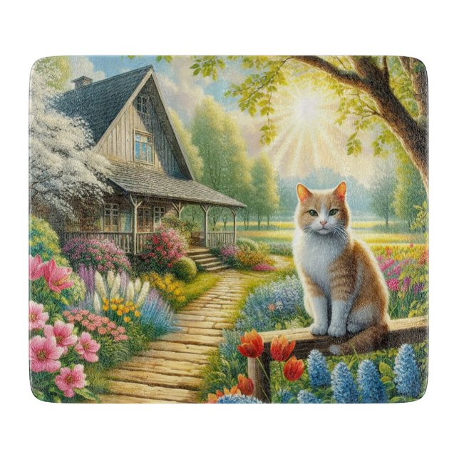Spring cottage/garden & cat cutting board (Front)